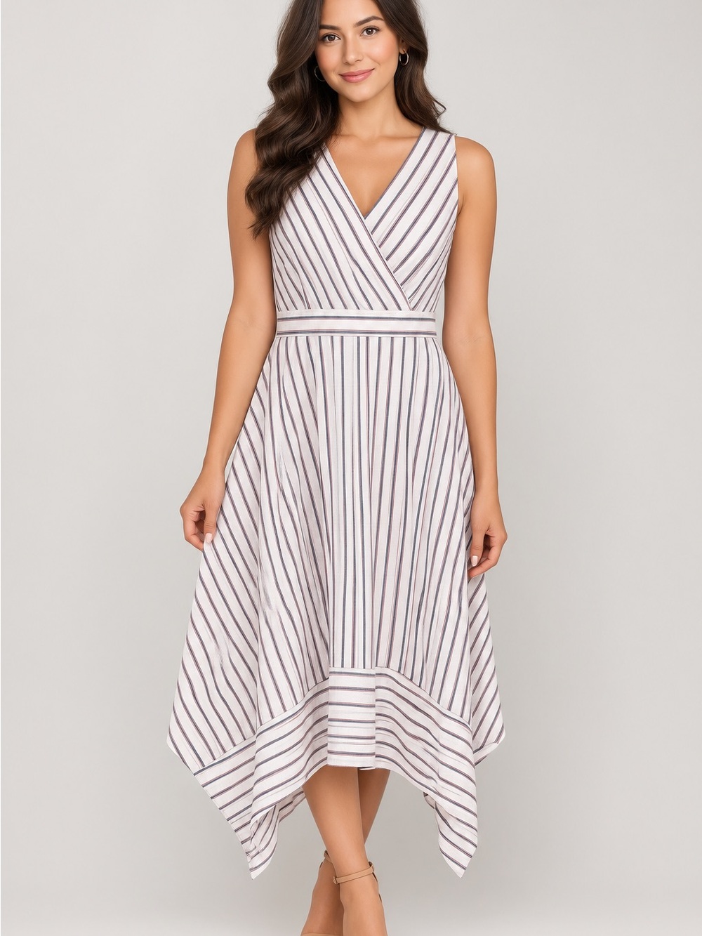 Karl Lagerfeld White Dress with Navy and Red Stripe Handkerchief Hem